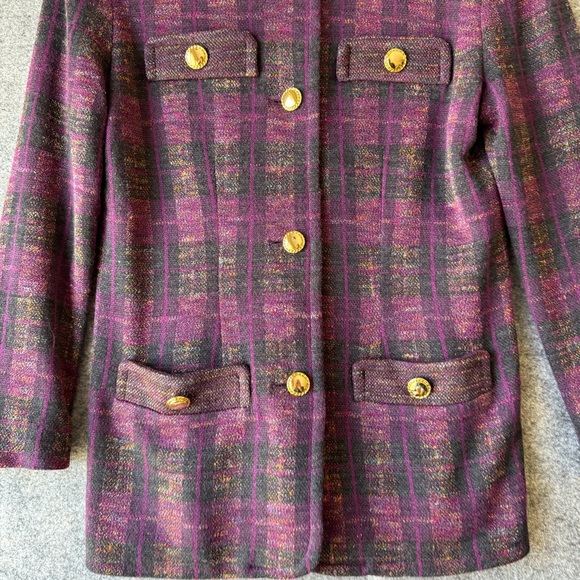 Giovannozzi Purple Plaid Gold Buttons Wool Blazer Made in Italy Size 12 - Picture 7 of 14